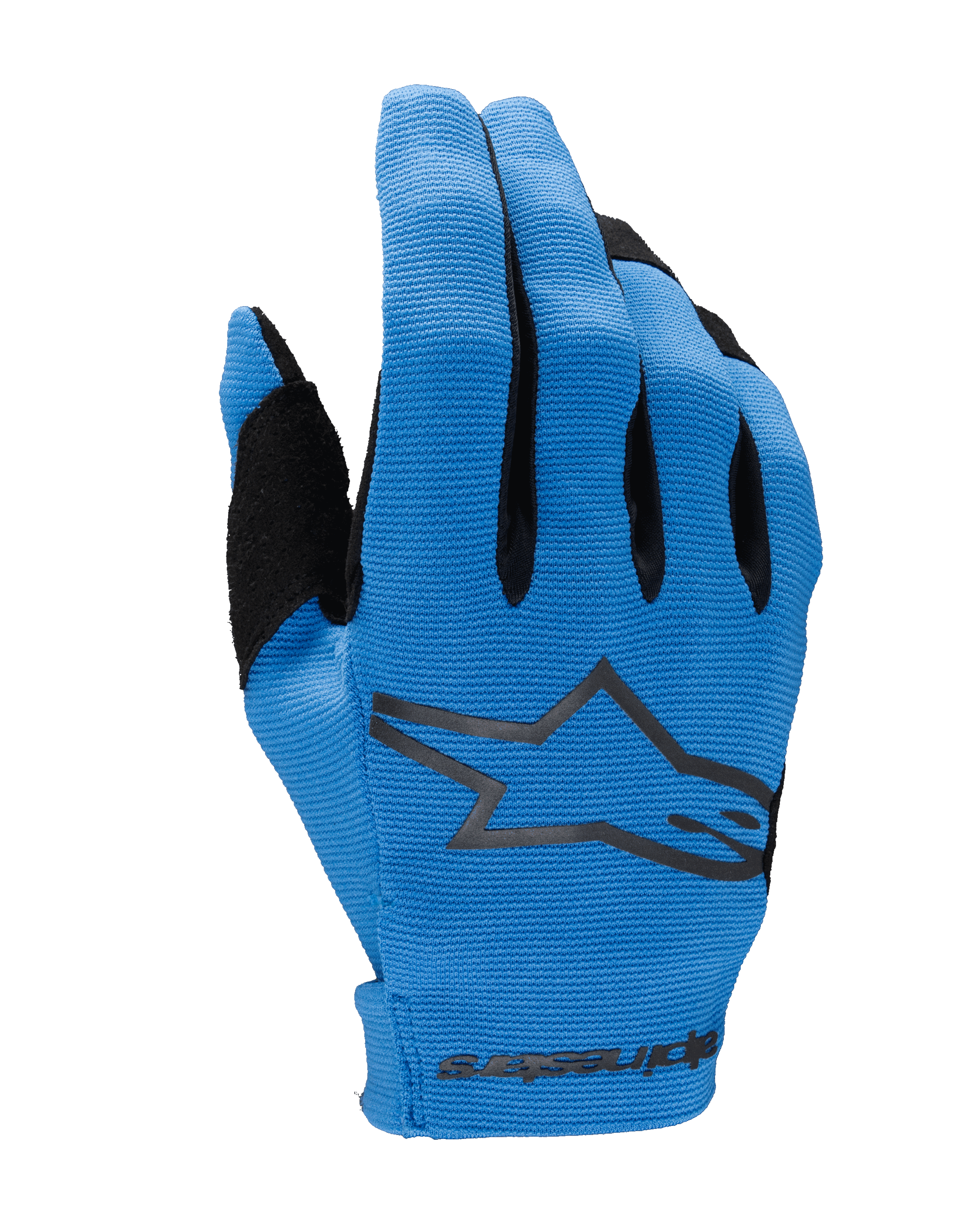 Alpinestars 2025 Radar Gloves, Motocross Gloves, Blue and Black, backhand view featuring textured stretch fabric, large black Alpinestars star logo, reinforced thumb area, and seamless wrist closure with branding