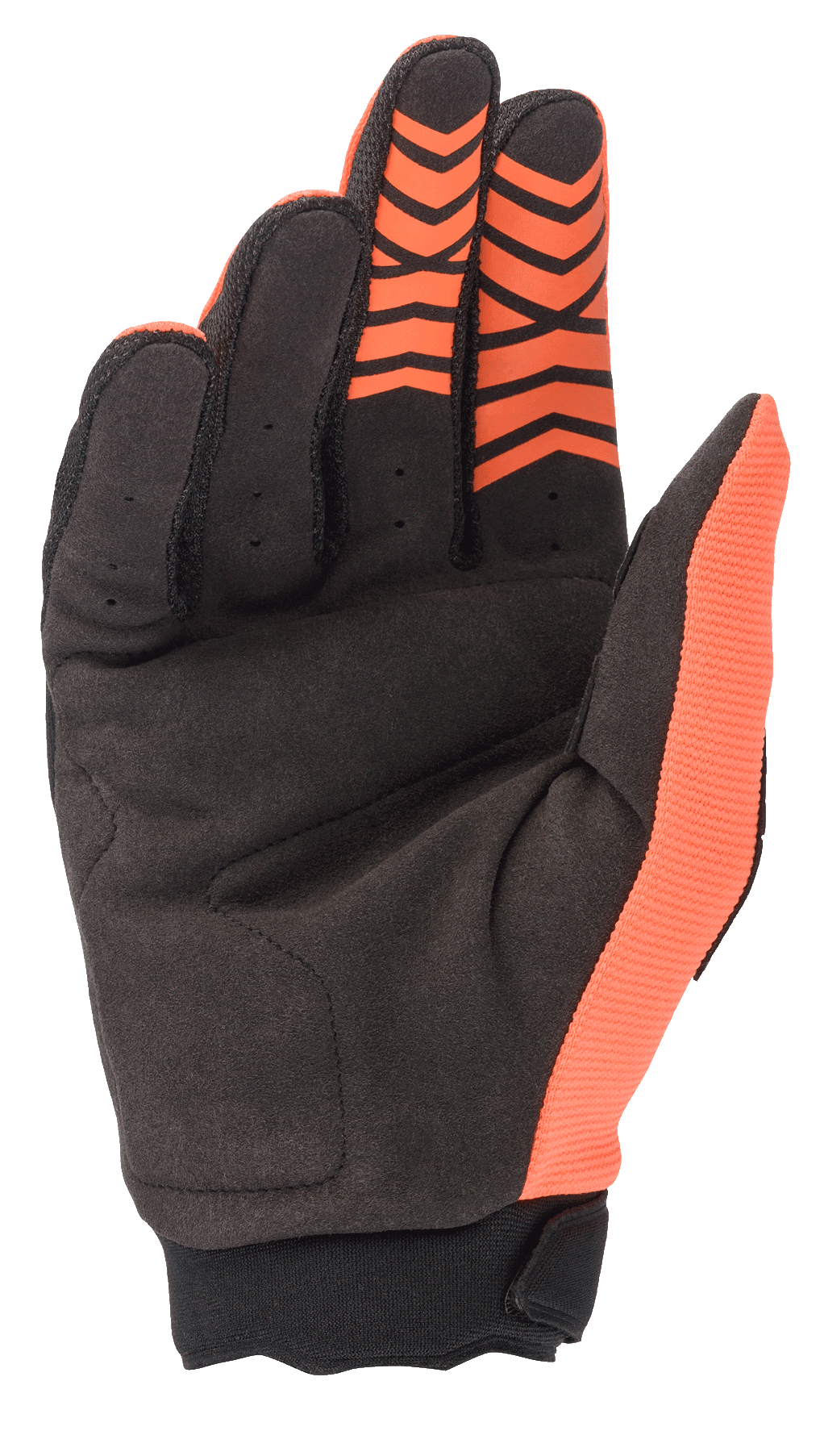 Alpinestars Full Bore Gloves, Motocross Gloves, Orange and Black, palm view showing synthetic suede construction, reinforced thumb patch, and orange silicone grip patterns on the fingertips.
