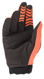 Alpinestars Full Bore Gloves, Motocross Gloves, Orange and Black, palm view showing synthetic suede construction, reinforced thumb patch, and orange silicone grip patterns on the fingertips.