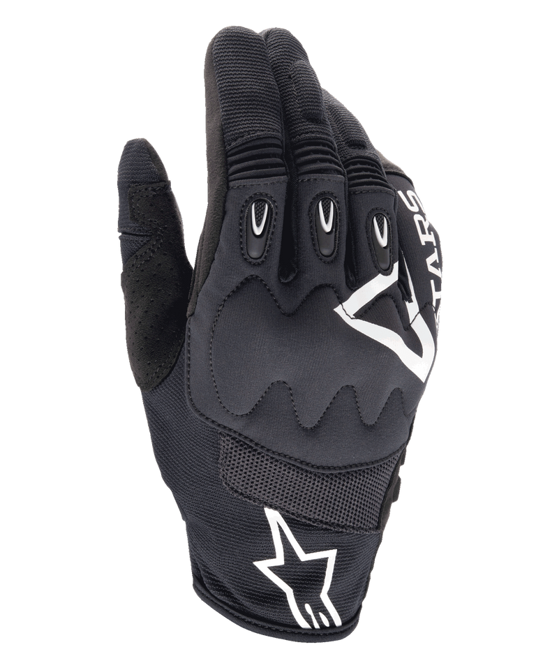 Alpinestars Techdura Gloves, Enduro Motorcycle Gloves, Black with white Alpinestars logo, viscoelastic knuckle protection, TPR finger inserts, breathable mesh and stretch textile construction, off-road riding gear
