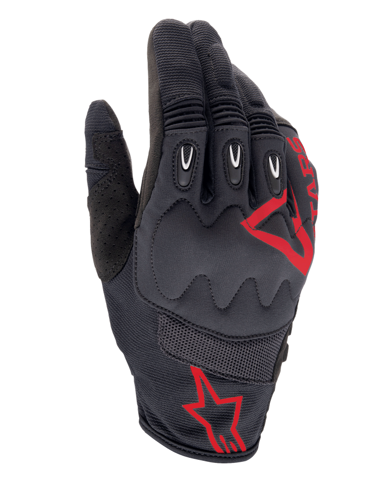Alpinestars Techdura Gloves, Fire Red Black, Motocross and Enduro Riding Gloves, black textured fabric with red star logos, reinforced knuckle and finger protection, breathable mesh panels, durable off-road motorcycle gear
