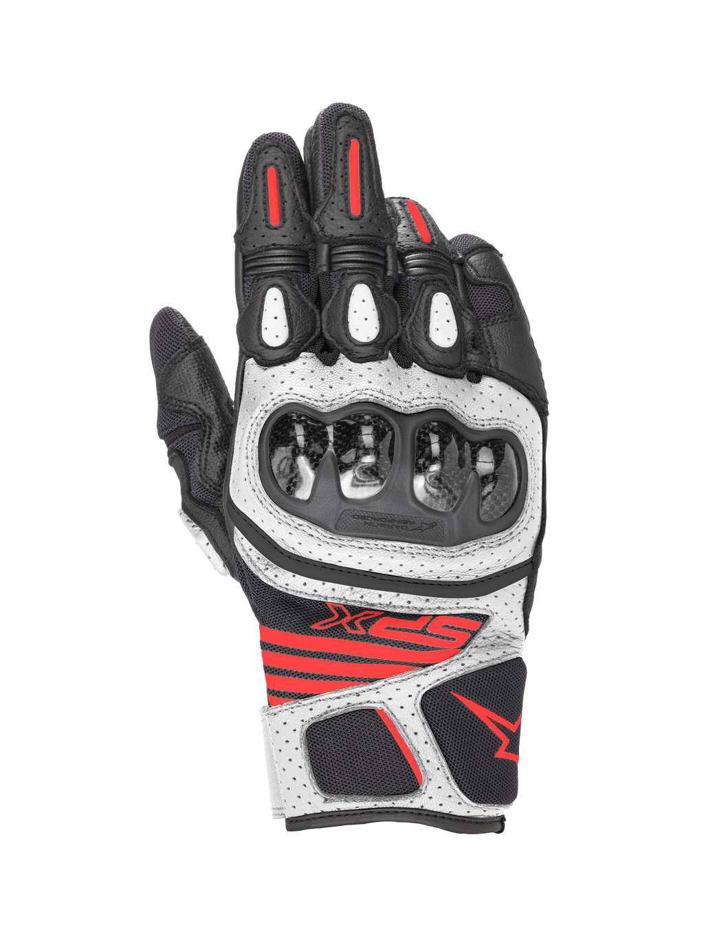 Alpinestars SPX AC V2 Gloves, Men's Motorcycle Racing Gloves, Black, White and Red Fluorescent, CE Certified with carbon knuckle protection and perforated leather mesh construction