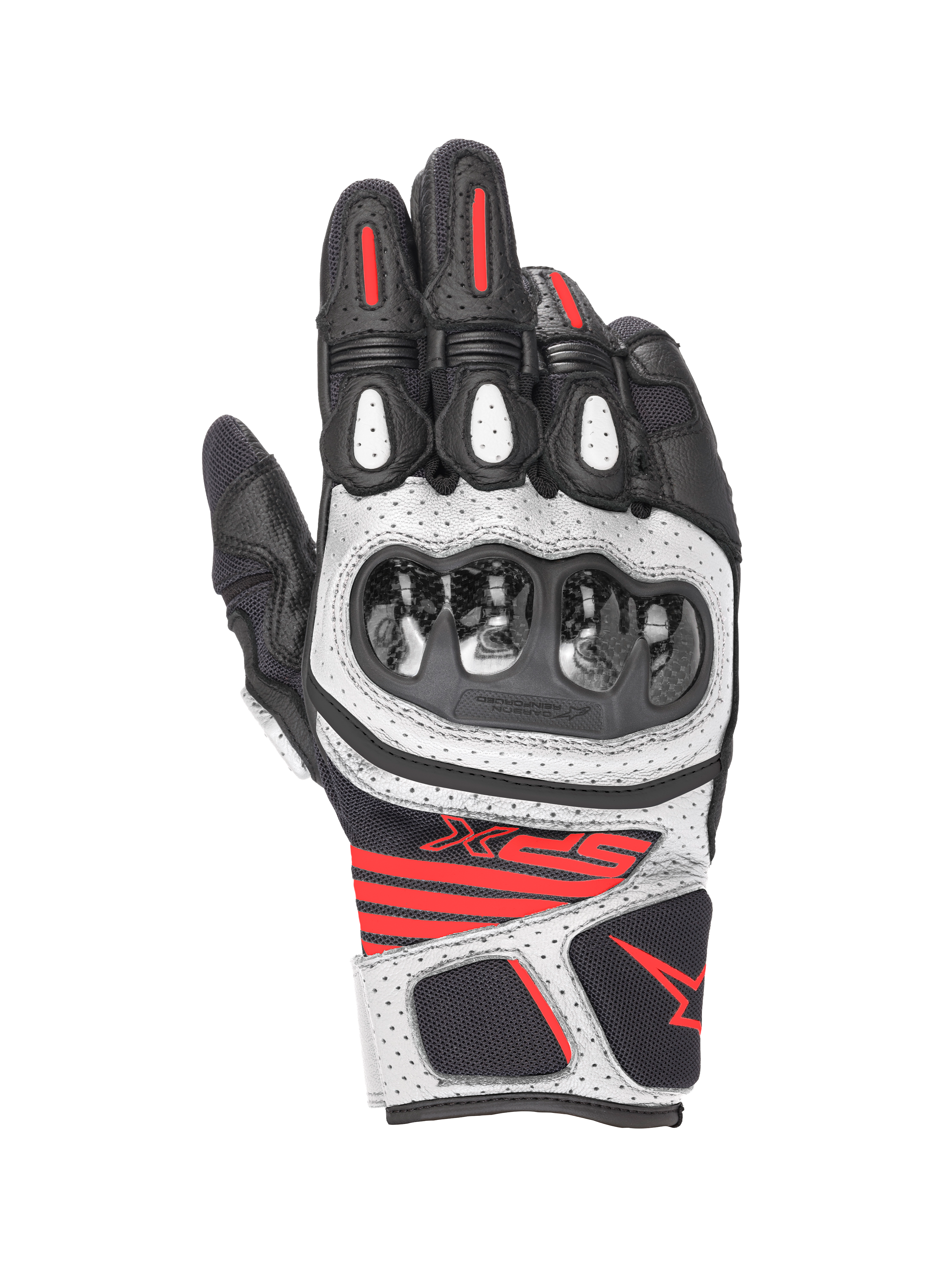 Alpinestars SPX AC V2 Gloves, Men's Motorcycle Racing Gloves, Black, White and Red Fluorescent, CE Certified with carbon knuckle protection and perforated leather mesh construction