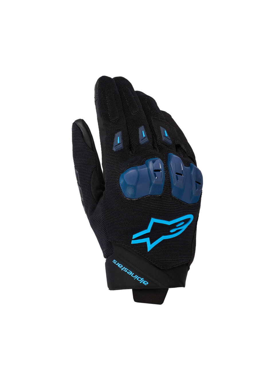 Alpinestars SP X 1 Gloves, Motorcycle Racing Gloves, Black and Blithe Blue, featuring blue TPR knuckle protectors, bright blue star logo on backhand, stretch fabric construction, sleek sport design with performance-focused details