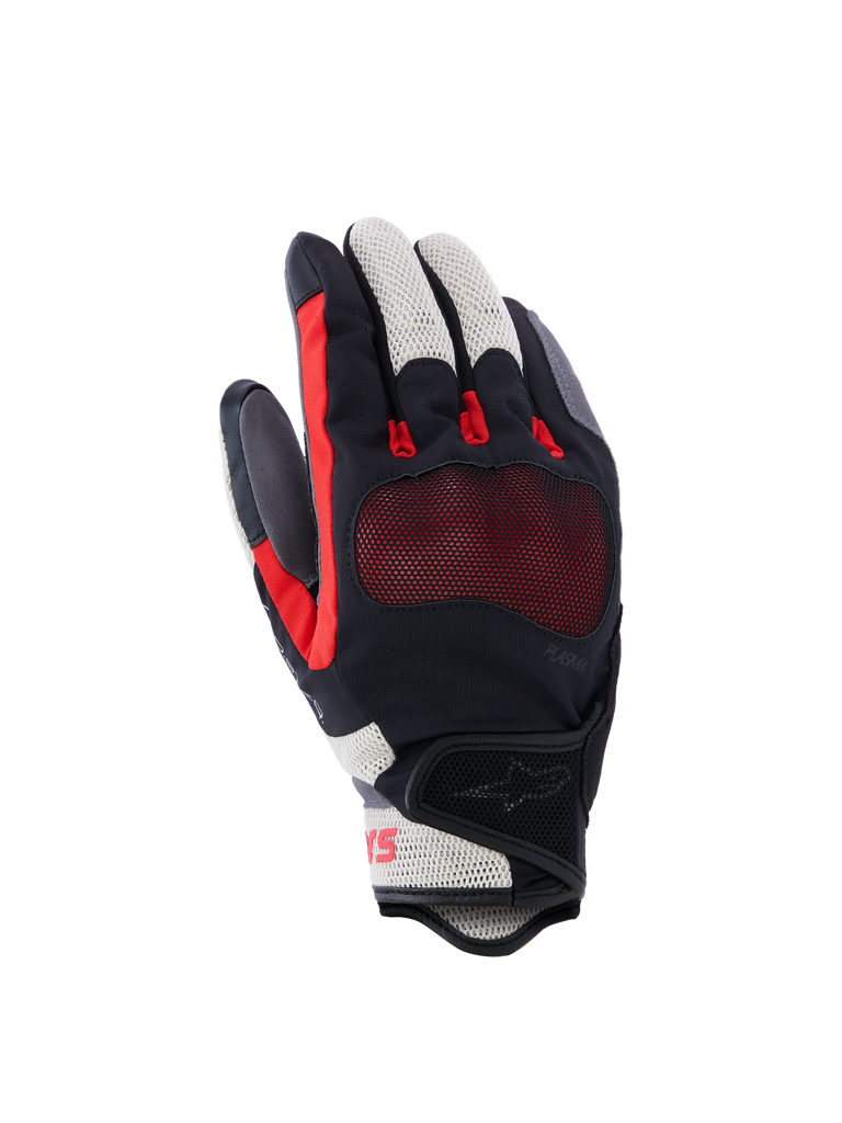 Alpinestars Mogress Airflow Gloves, Motorcycle Gloves, Black Flame Red and Ecru, featuring laser-perforated backhand with 3D mesh inserts, transparent knuckle protection, short cuff design, urban summer riding gear