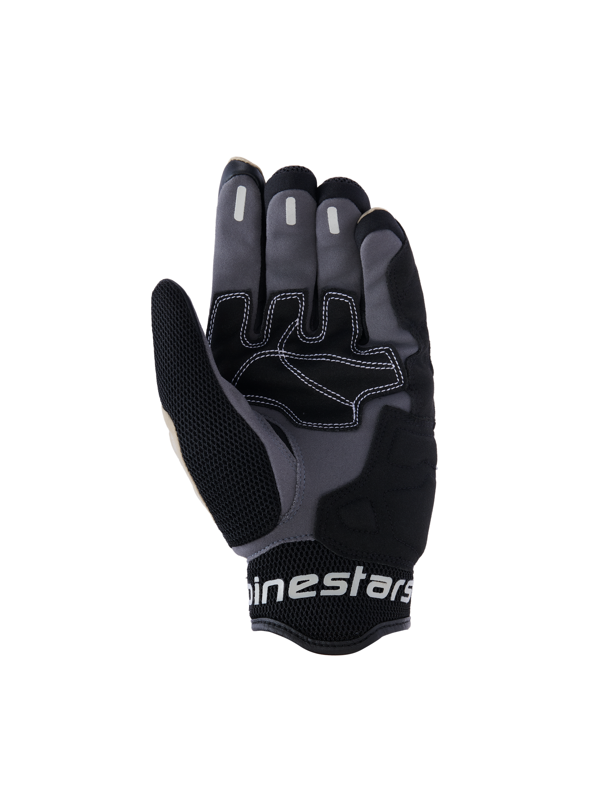 Alpinestars Mogress Airflow Gloves, Urban Motorcycle Gloves, Aluminum Black and Gray, palm view featuring synthetic reinforcements with white contrast stitching, silicone grip zones on fingers, and breathable 3D mesh cuff with white Alpinestars branding.