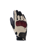 Alpinestars Mogress Airflow Gloves, Motorcycle Gloves, Beige Black and Red, featuring red Nucleon Plasma knuckle protection, laser-perforated fingers, 3D mesh panels for airflow, and a short cuff with Velcro strap