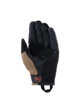 Alpinestars Manti Air Gloves, Motorcycle Gloves, Dark Khaki and Black with Orange Fluo accents, palm view featuring synthetic suede construction, external seams, breathable mesh inserts, and a black wrist strap with a circular orange AS logo.