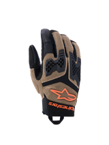 Alpinestars Manti Air Gloves, Motorcycle Gloves, Dark Khaki and Black with Orange Fluo accents, featuring 3D stretch mesh construction, injected knuckle protection with perforated design, orange star logo, and secure wrist closure, designed for summer adventure and road riding