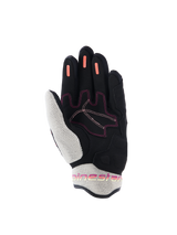 Alpinestars Woman Stella Mogress Airflow Gloves, Motorcycle Gloves, Black Ecru Fading Coral, palm side view showing white 3D mesh on thumb and cuff, coral silicone grip strips on fingers, and pink stitching accents