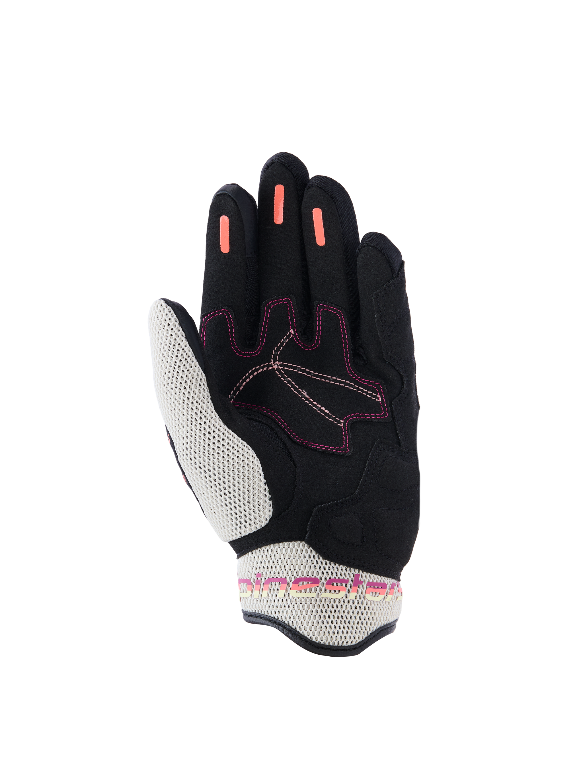 Alpinestars Woman Stella Mogress Airflow Gloves, Motorcycle Gloves, Black Ecru Fading Coral, palm side view showing white 3D mesh on thumb and cuff, coral silicone grip strips on fingers, and pink stitching accents