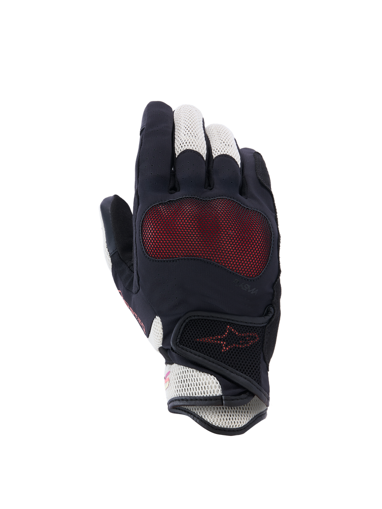 Alpinestars Stella Mogress Airflow Gloves, Women's Motorcycle Gloves, Black Ecru Fading Coral, backhand view featuring 3D mesh inserts, Nucleon Plasma knuckle protection, and a hook-and-loop wrist closure.