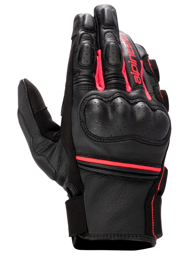 Alpinestars Stella Phenom Leather Air Glove, Women's Motorcycle Glove, Black and Diva Pink, hard knuckle protector, perforated leather construction, short cuff with Alpinestars branding, sport performance riding gear