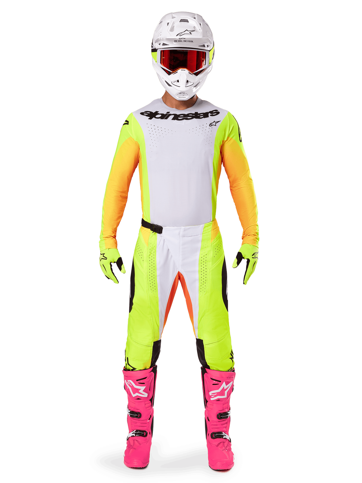 Motocross rider wearing the Alpinestars 2025 Techstar Melt Gear Set, white jersey with yellow and orange sleeves, neon yellow pants with white and orange accents, white helmet with red goggles, bright pink boots, and neon yellow gloves, complete racing outfit for off-road competition