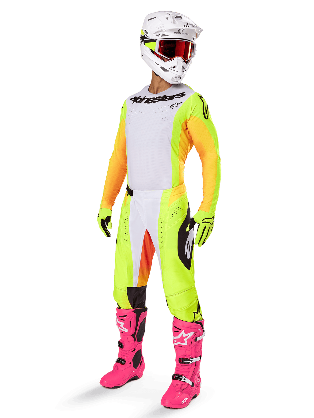 Alpinestars 2025 Techstar Melt Gear Set, complete motocross racing outfit, white jersey with yellow and orange sleeves, neon yellow pants, bright pink boots, white helmet with red goggles, yellow gloves, vibrant colorful racing apparel