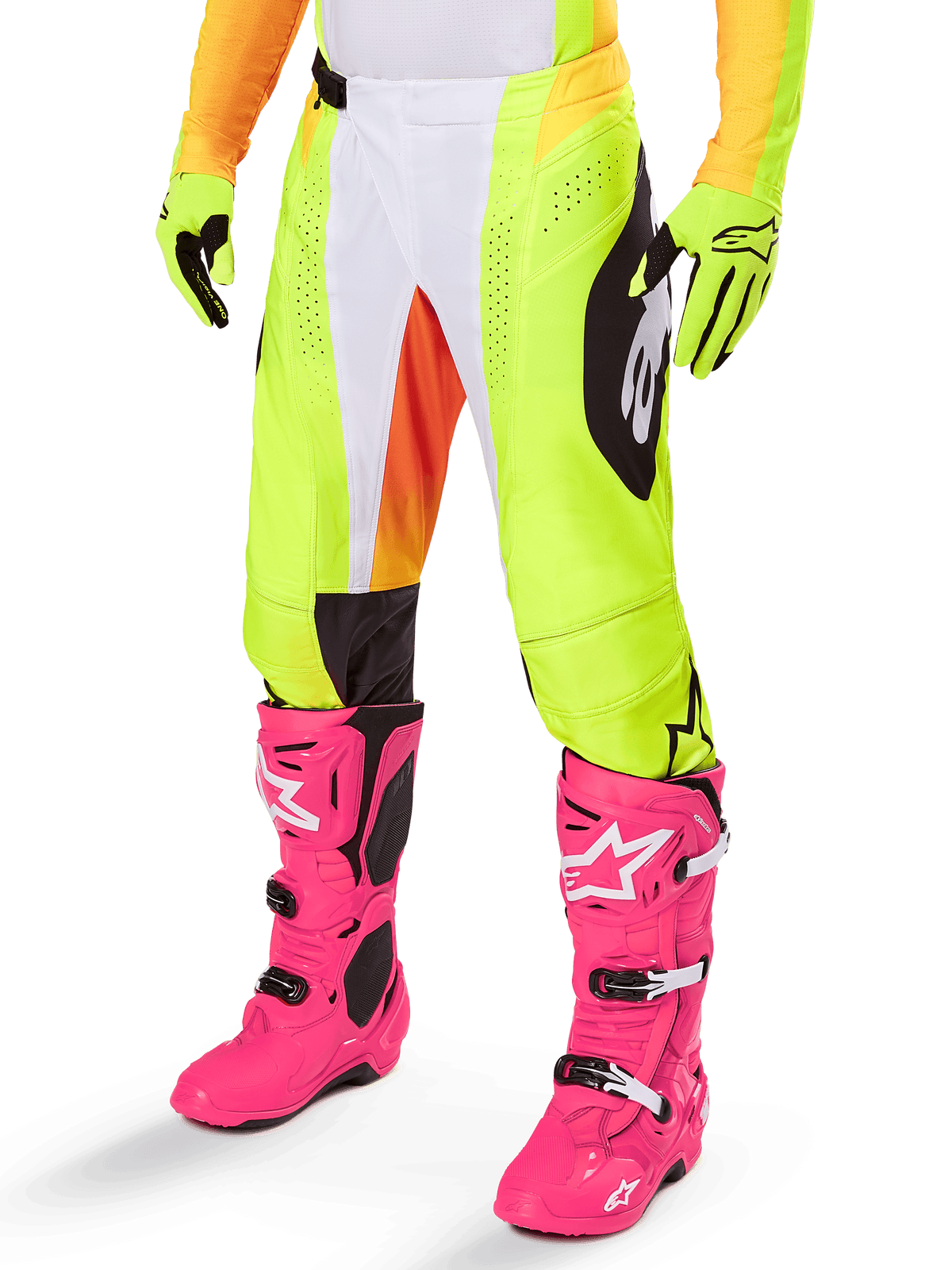Alpinestars 2025 Techstar Melt Pants, Motocross Pants, Neon Yellow with White and Orange Accents, Black Side Patterns, worn with bright pink motocross boots and neon yellow gloves, featuring perforated ventilation, durable off-road racing gear