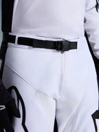 Alpinestars 2026 Racer Riway Pants, Motocross Pants, White and Black, close-up of the waist featuring the SX2 magnetic buckle and adjustable belt, durable polyfabric construction with black branding.