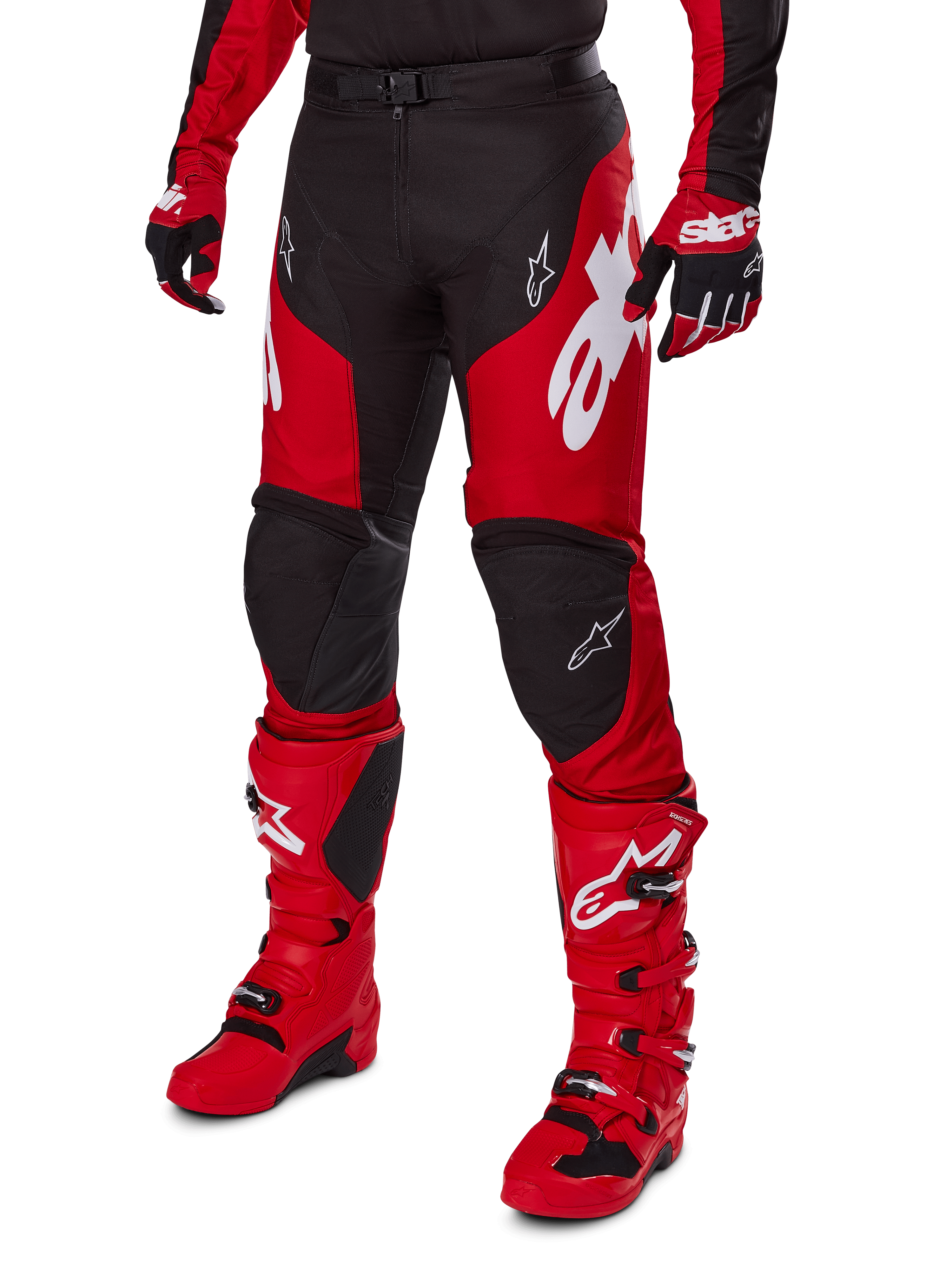 Alpinestars 2025 Racer Veil Pants, Motocross Racing Pants, Black and Bright Red, featuring large white logos and goat leather knee panels, shown with matching red boots and black gloves