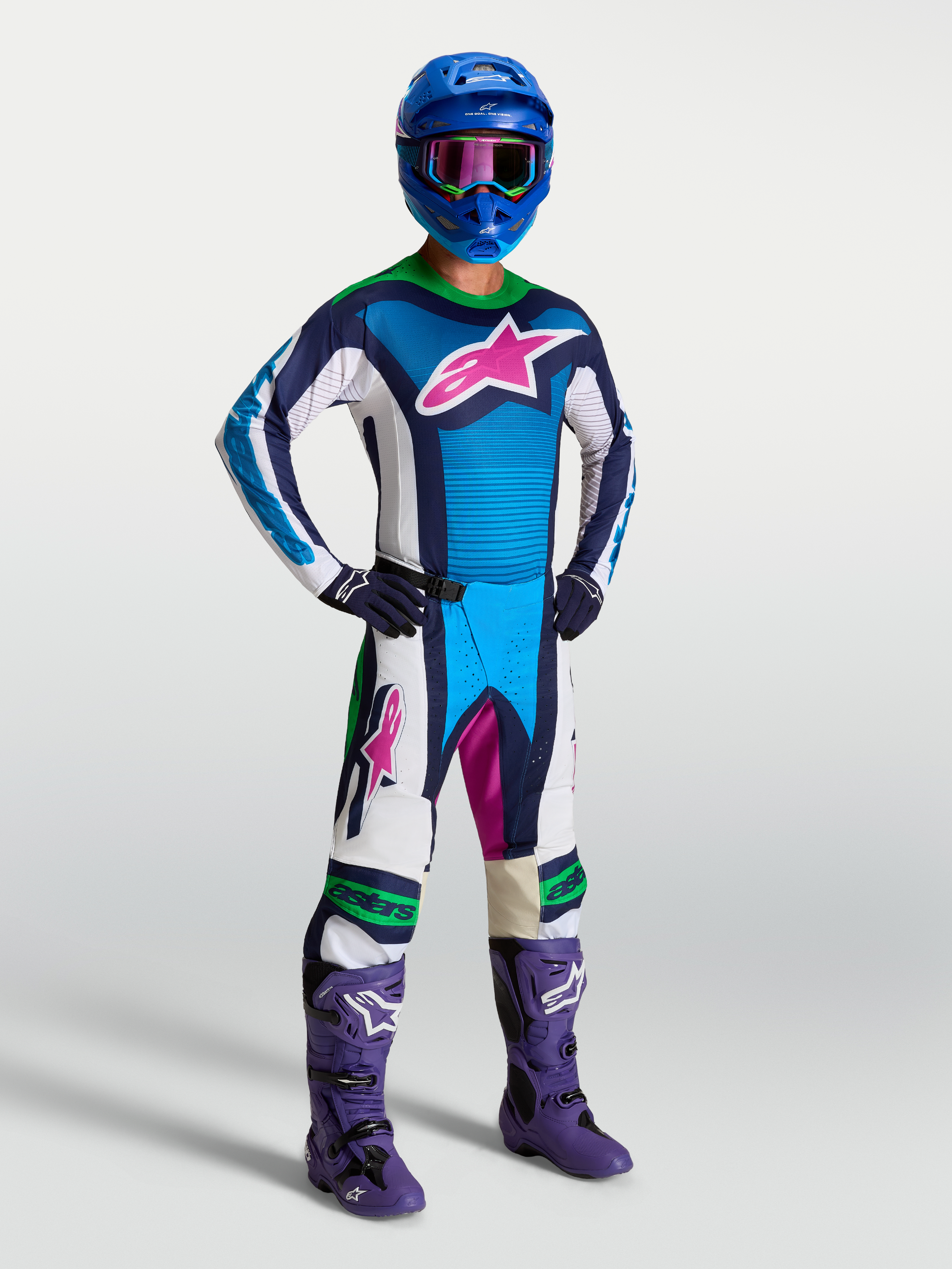 Alpinestars Techstar Maven Pants AND Techstar Maven Gear Set, men's blue and white motocross outfit with green fluo accents.