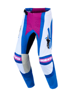 Alpinestars Techstar Maven Motocross Pants, White, Hot Coral, and Blue, with laser-perforated zones and 600D polyfabric.