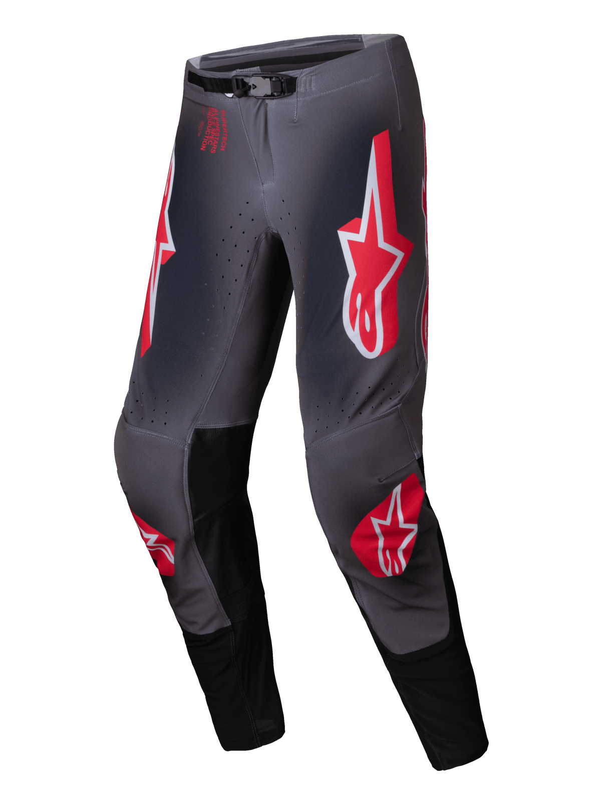 Alpinestars 2025 Supertech Lipan Pants, Motocross Off-Road Pants, Smoke and Bright Red, featuring stretch rip-stop construction, leather knee panels, and SX1 auto-lock magnetic buckle