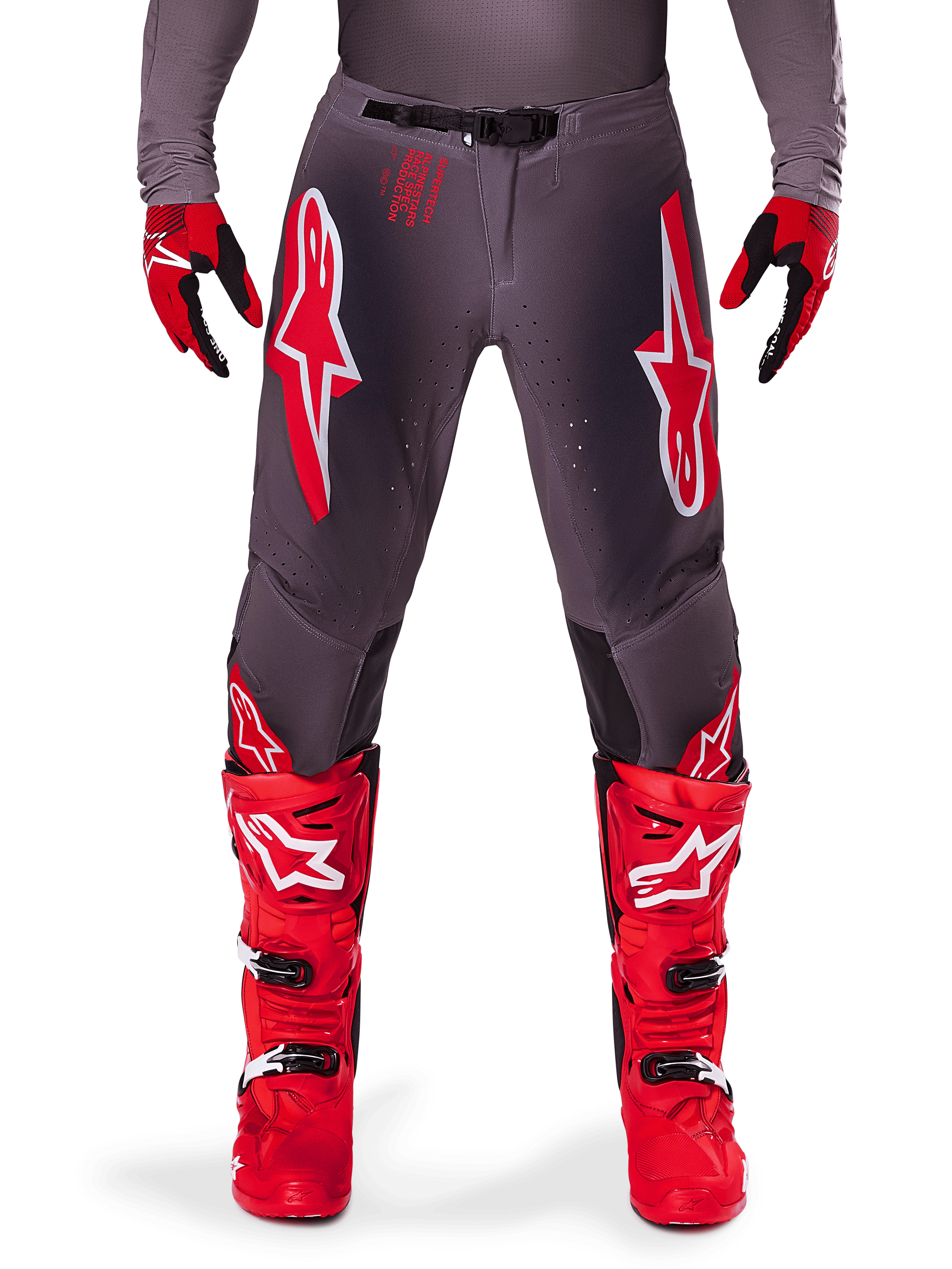 Alpinestars 2025 Supertech Lipan Pants, Motocross Pants, Smoke Bright Red, gray chassis with prominent red and white logos, styled with red racing boots and gloves, featuring perforated ventilation, high-performance off-road gear