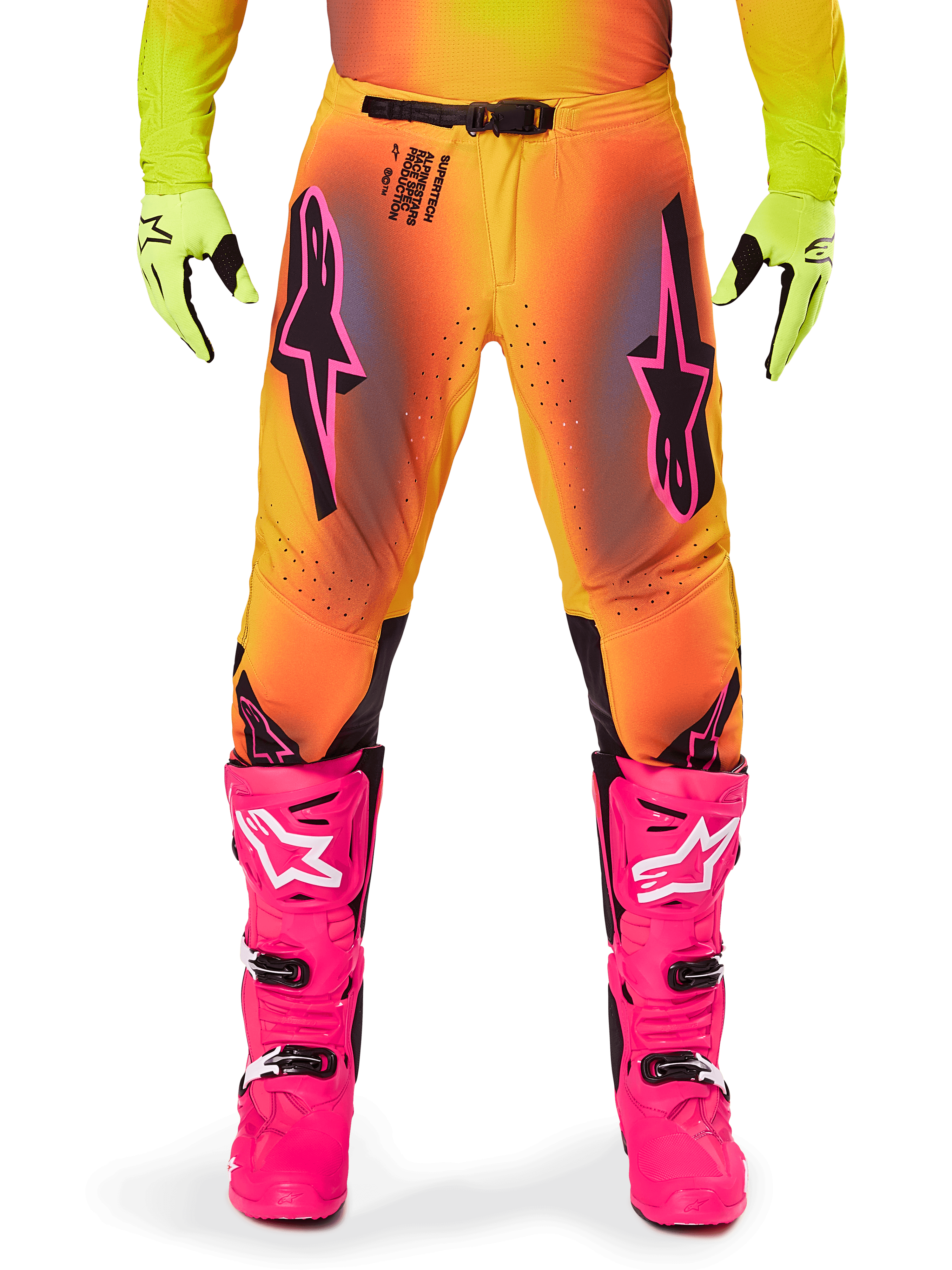 Alpinestars 2025 Supertech Lipan Pants, Motocross Pants, Orange and Yellow gradient with Pink and Black accents, worn with bright pink boots and neon yellow gloves, featuring laser-cut ventilation and a secure waist buckle, pro-level racing gear ensemble