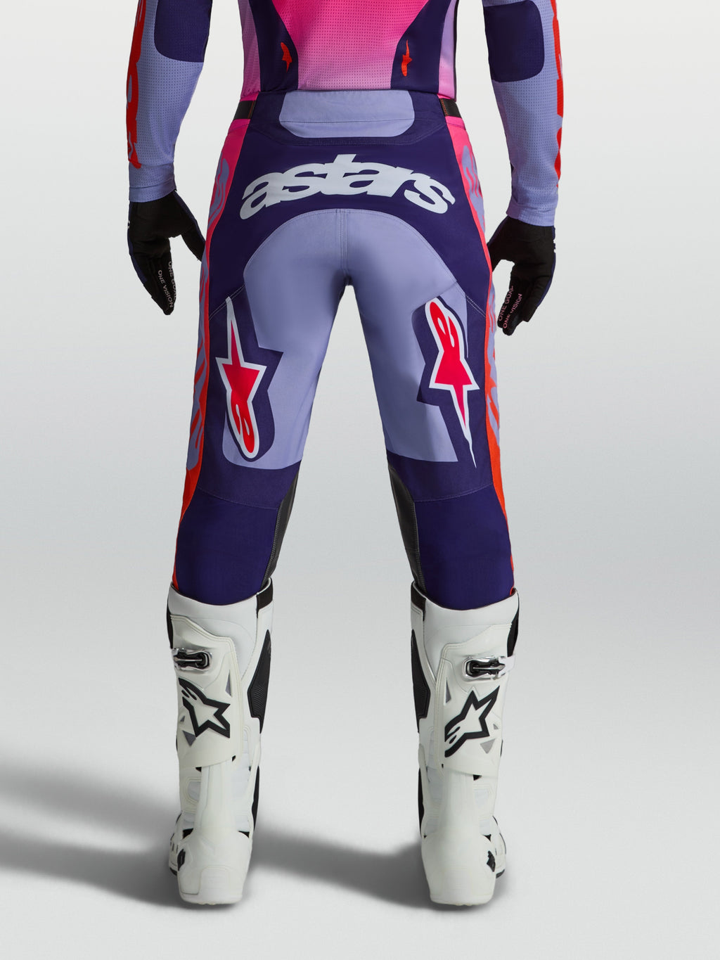 Alpinestars Racer Air Hunt Pants, Motocross Gear, Men, Purple and Pink Fluo, ventilated mesh panels, rear view on-model.