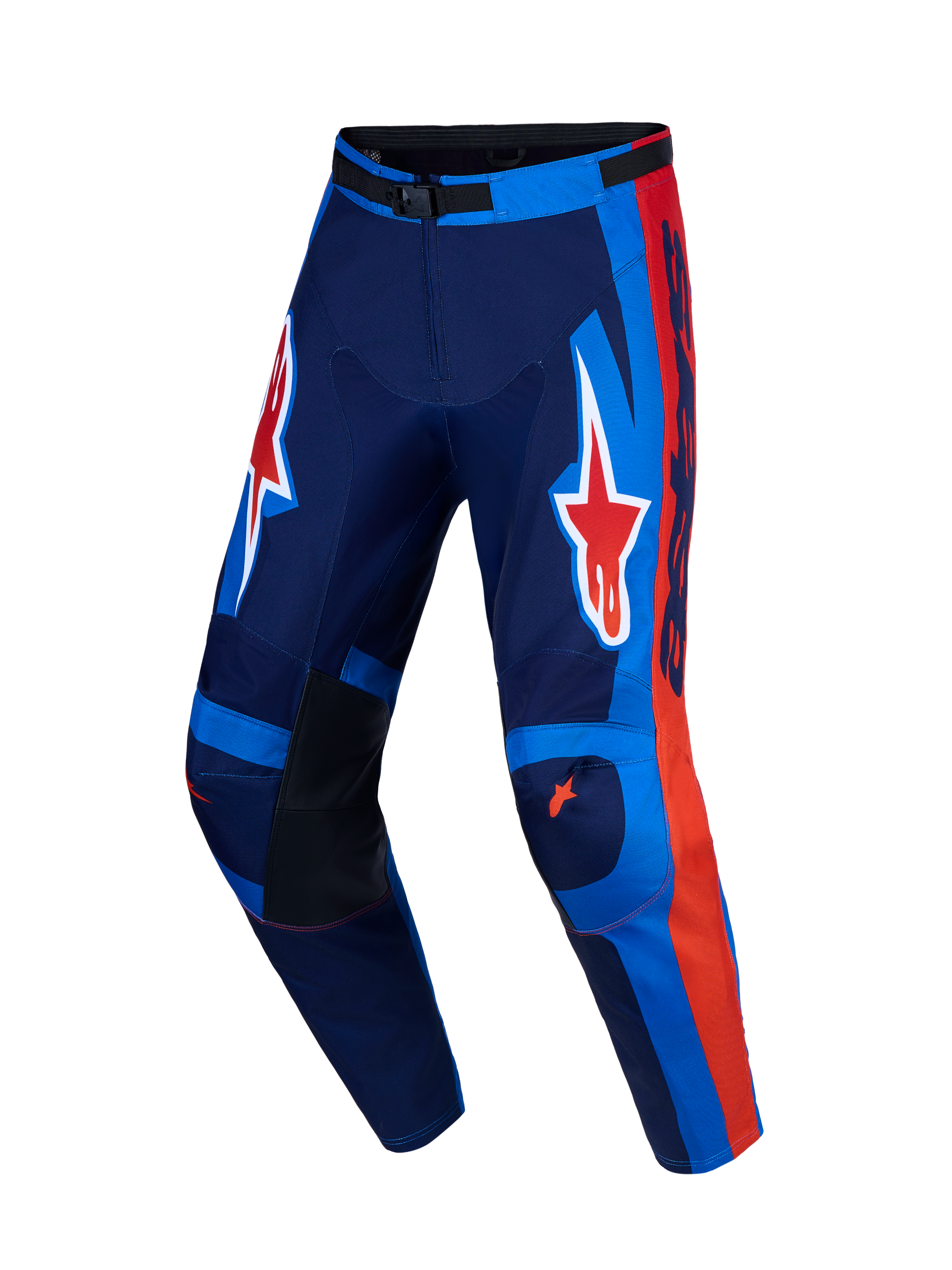Alpinestars Racer Hunt Pants, Men's Motocross Pants in Strong Blue and Fire Red with 600D polyfabric and pre-curved legs.