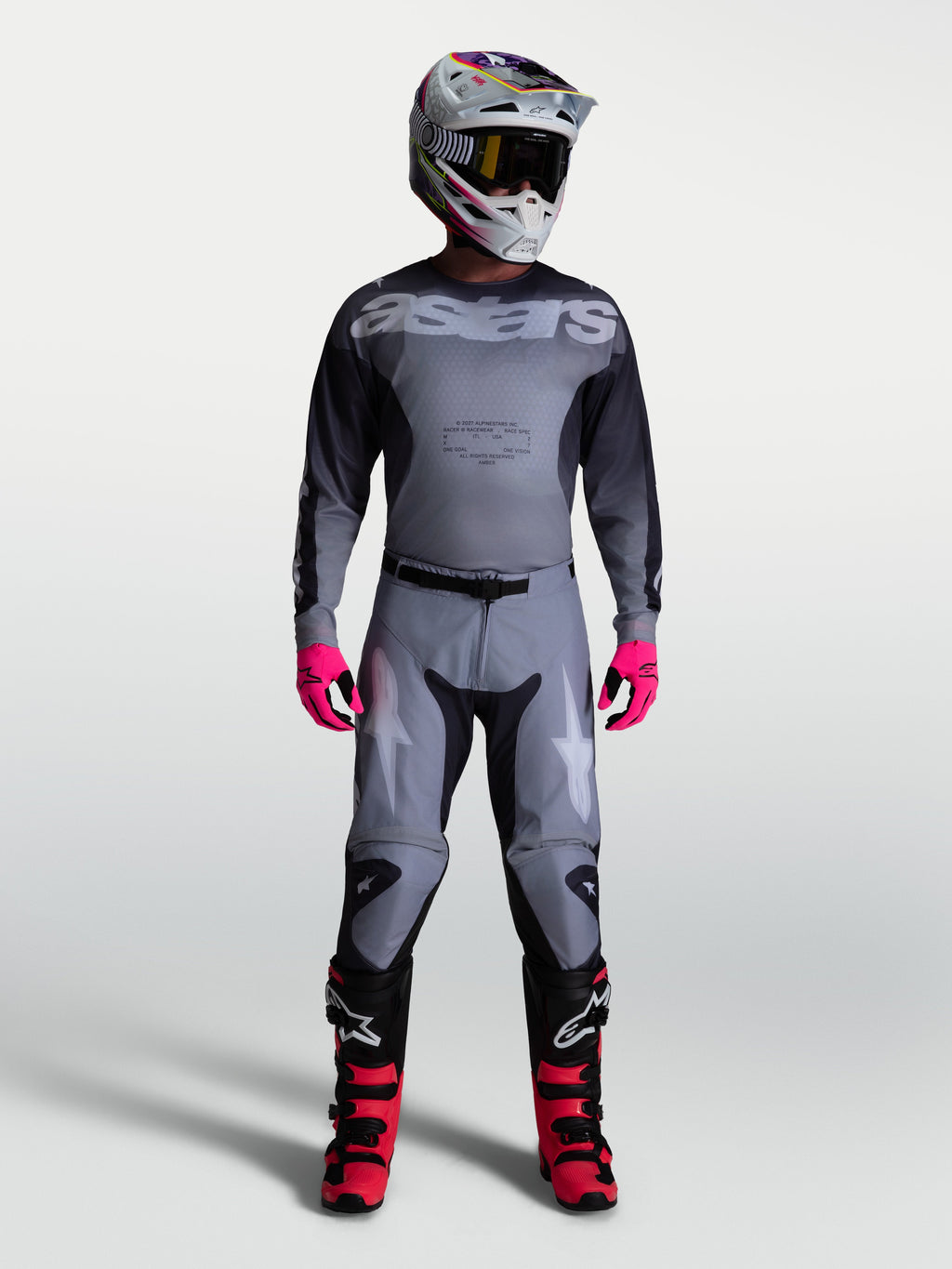 Alpinestars Racer Amber Pants, Men's Motocross Gear, Graystone and Cold Gray with Light Lilac accents, pre-curved racing fit.