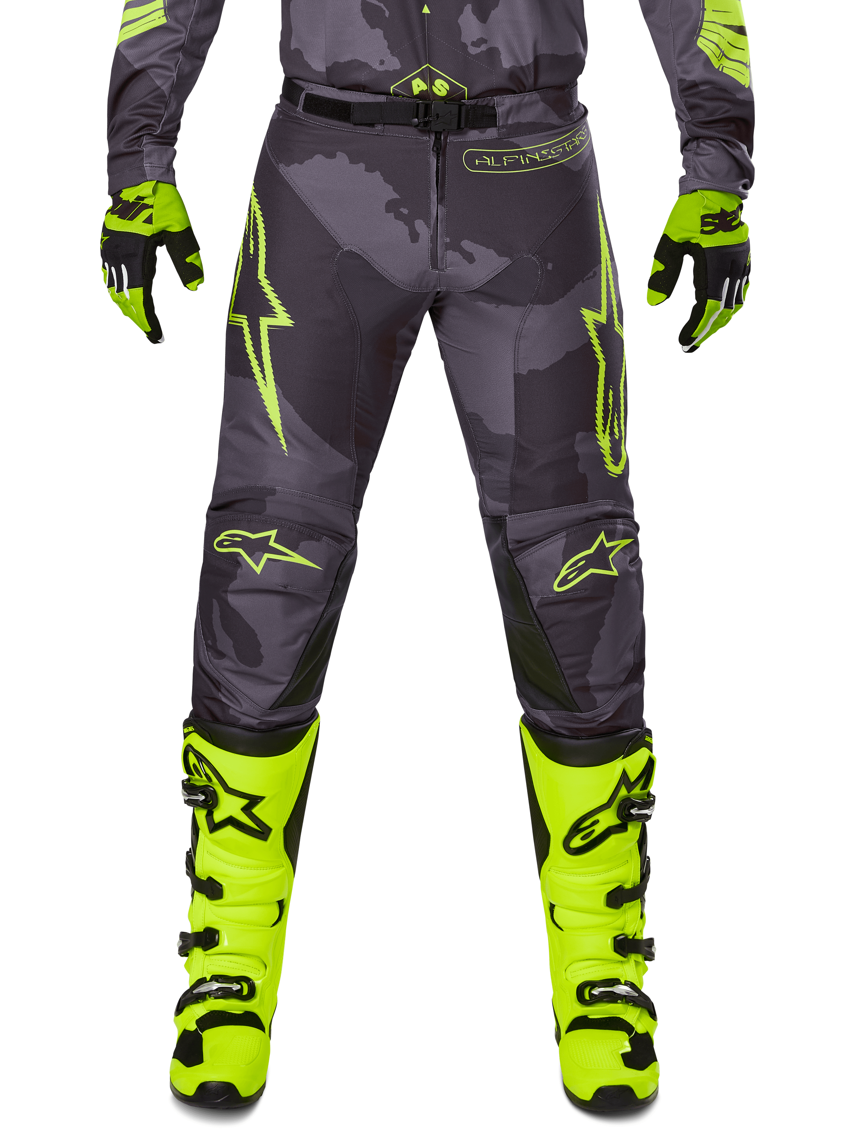 2025 Racer Hollow Pants, Motocross Pants, Gray with Neon Yellow, featuring star logos and text, paired with black and yellow gloves and yellow boots with black buckles, sporty protective design for off-road racing