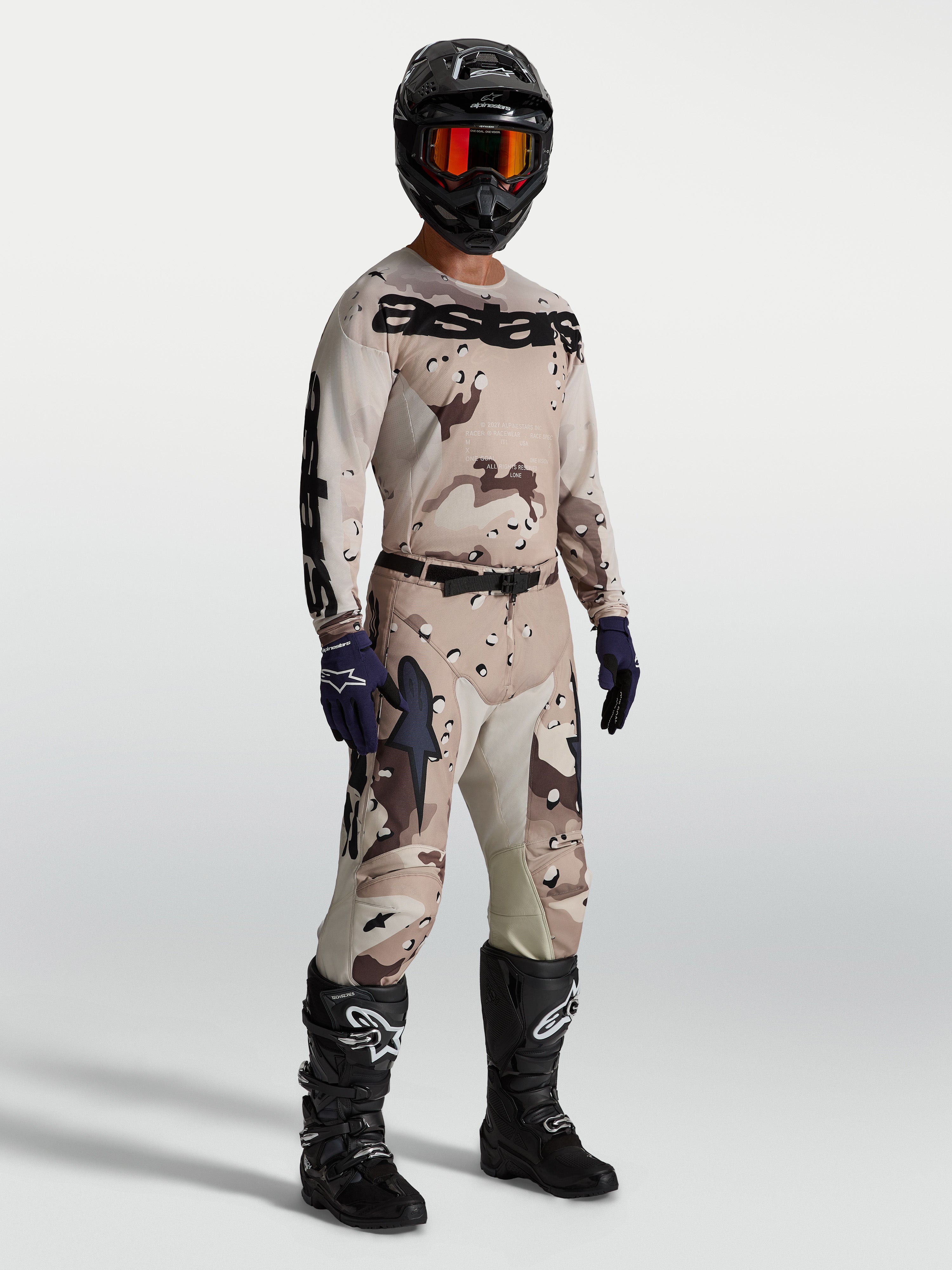 Alpinestars Racer Lone Pants, Men's Motocross Gear in Desert Camo and Black, featuring durable polyfabric for off-road racing.