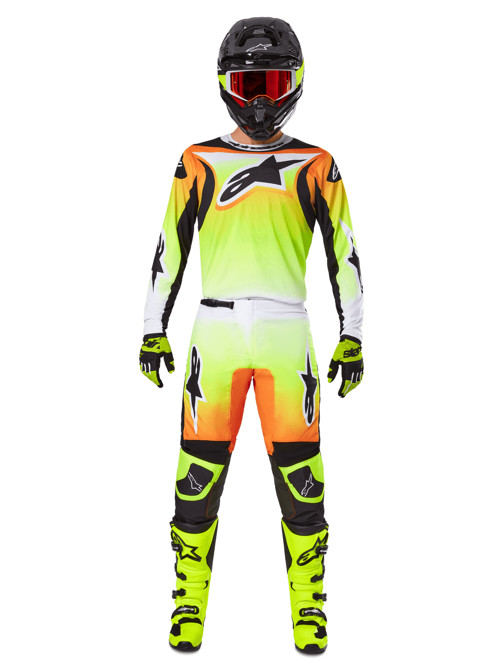 Alpinestars 2025 Fluid Wurx Pants, Motocross Pants, Yellow and Black with orange and white gradient, worn with matching jersey, bright yellow boots, and black helmet with red goggles, full motocross racing kit