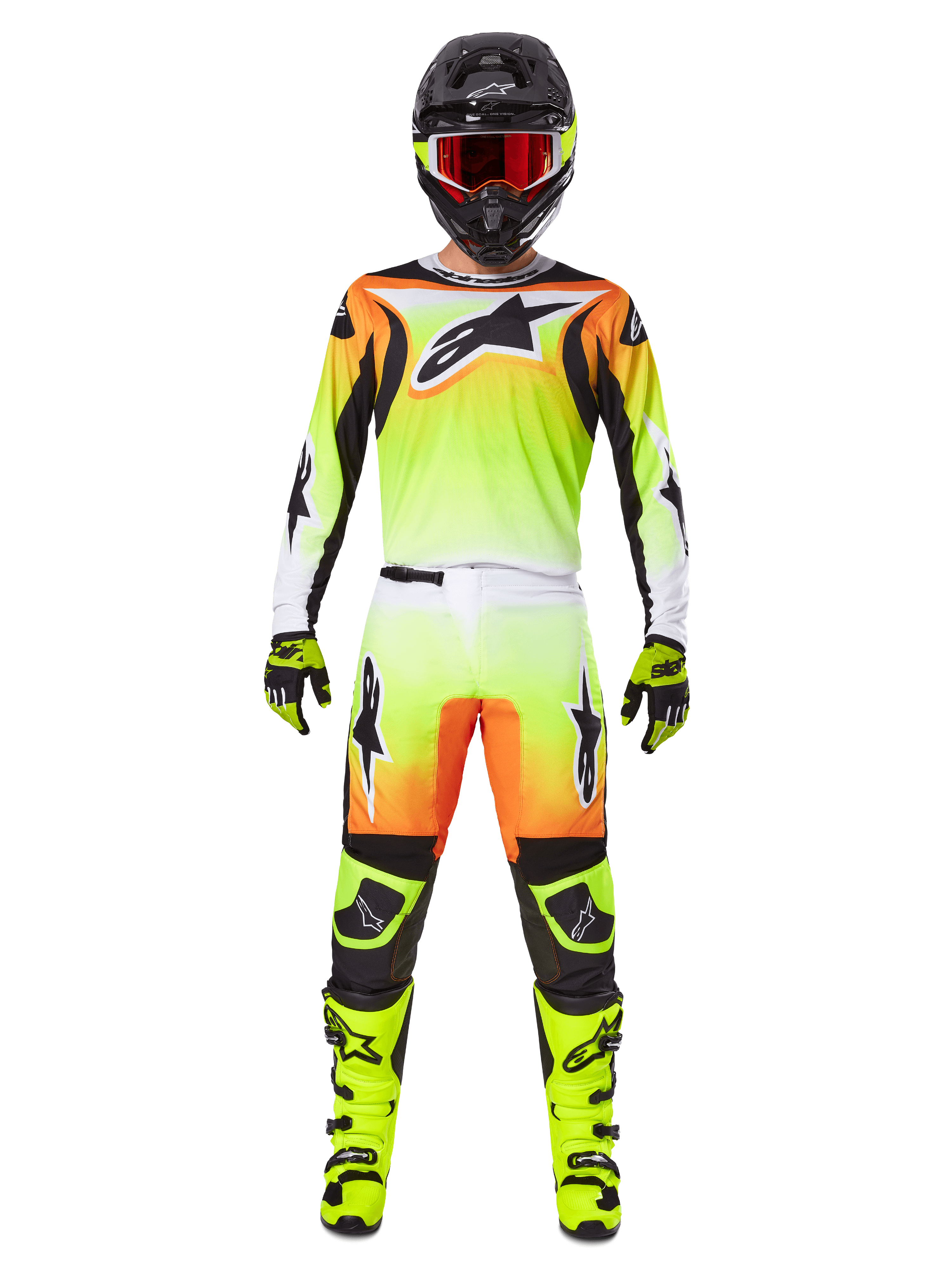 Alpinestars 2025 Fluid Wurx Pants, Motocross Pants, Yellow and Black with orange and white gradient, worn with matching jersey, bright yellow boots, and black helmet with red goggles, full motocross racing kit