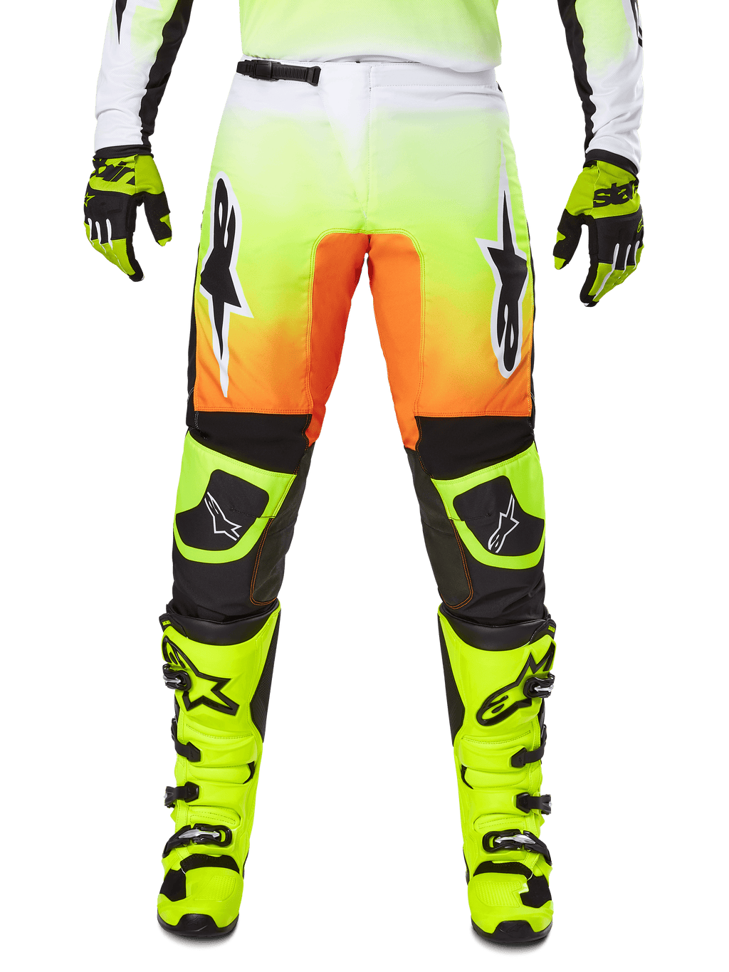 Alpinestars 2025 Fluid Wurx Pants, Motocross Pants, Neon Yellow and Orange, Black and White Star Logos, Sleek Racing Design with Black Knee Sections, coordinated with matching neon yellow boots and gloves