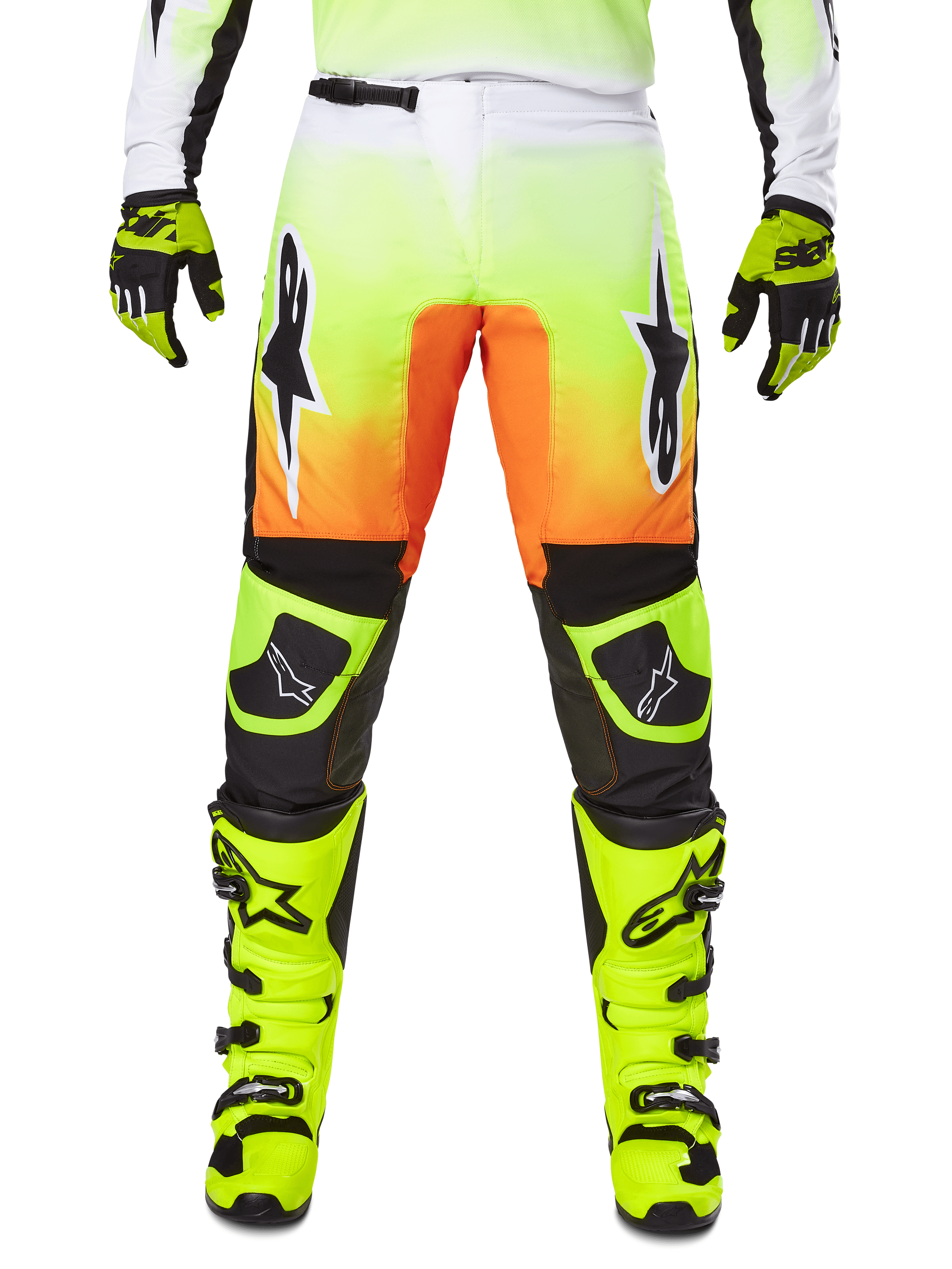 Alpinestars 2025 Fluid Wurx Pants, Motocross Pants, Neon Yellow and Orange, Black and White Star Logos, Sleek Racing Design with Black Knee Sections, coordinated with matching neon yellow boots and gloves