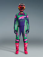 Alpinestars 2026 Techstar Nomur Gear Set, Motocross Racing Outfit, Vibrant Green Purple and Pink, Large Star Logo on Chest and Thighs, Black Helmet with Pink and Yellow Accents, Bright Pink Boots, Professional Sporty Design
