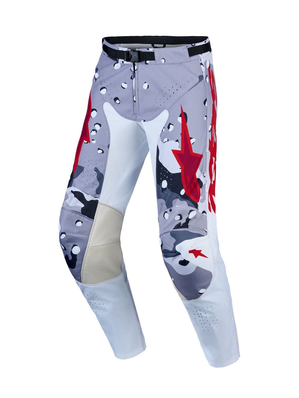 Alpinestars Racer Air Lone Pants, Men's Motocross Gear, Gray Camo and Red, perforated fabric with leather inner knee panels.