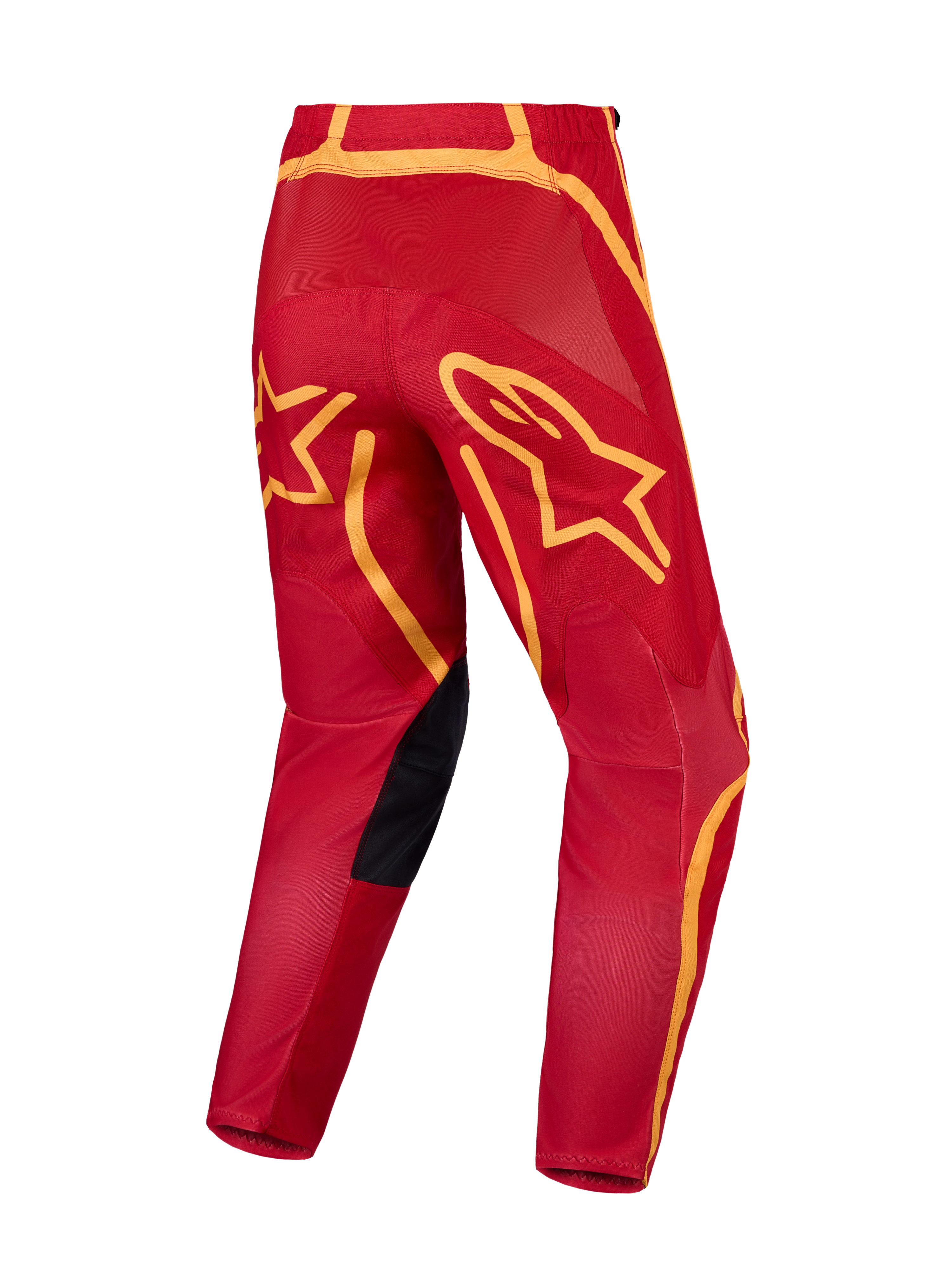 Alpinestars Fluid Apex V2 Motocross Pants in Fire Red and Gold, featuring a reinforced seat and large star graphics.