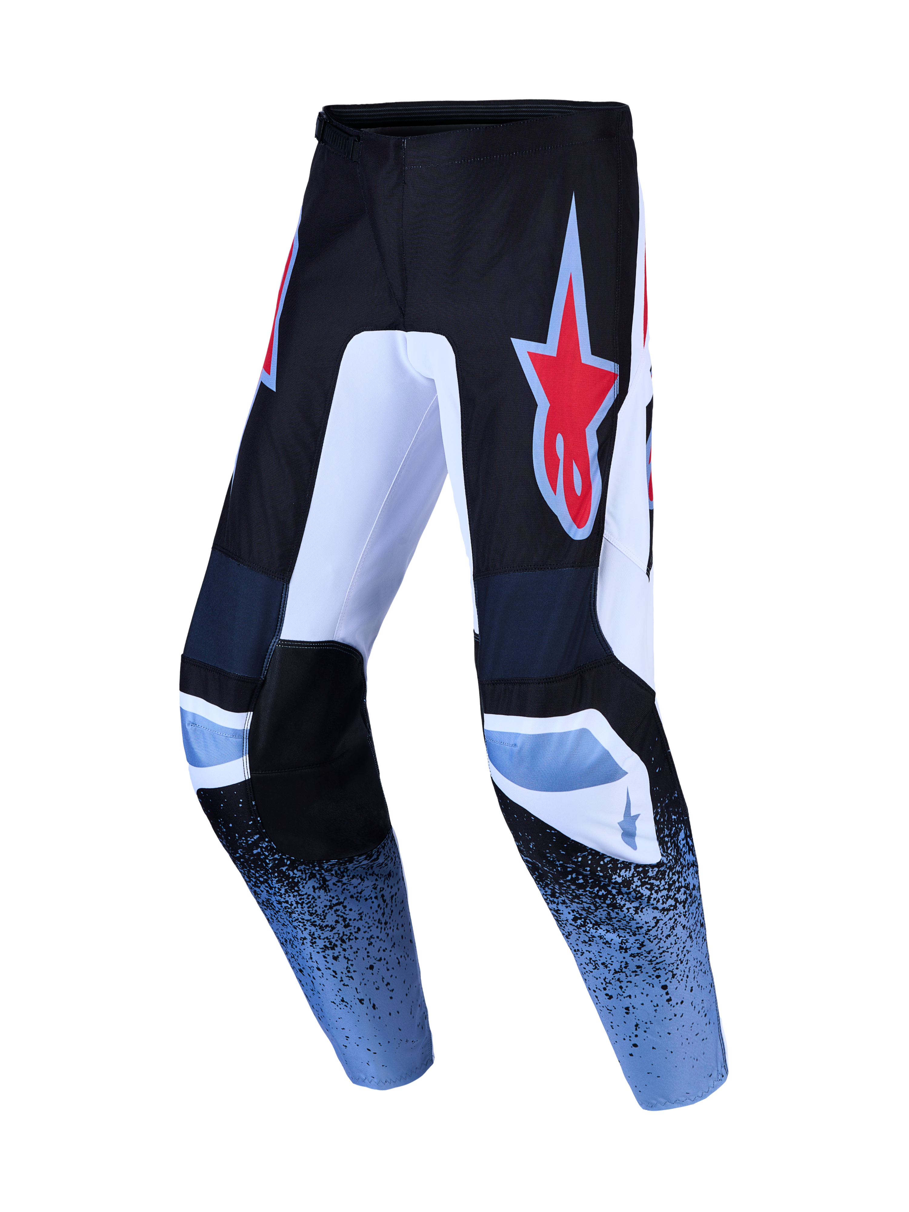 Alpinestars Fluid Drag Pants, Men's Motocross Pants, Black and Light Blue, durable polyfabric with ergonomic pre-curved fit.