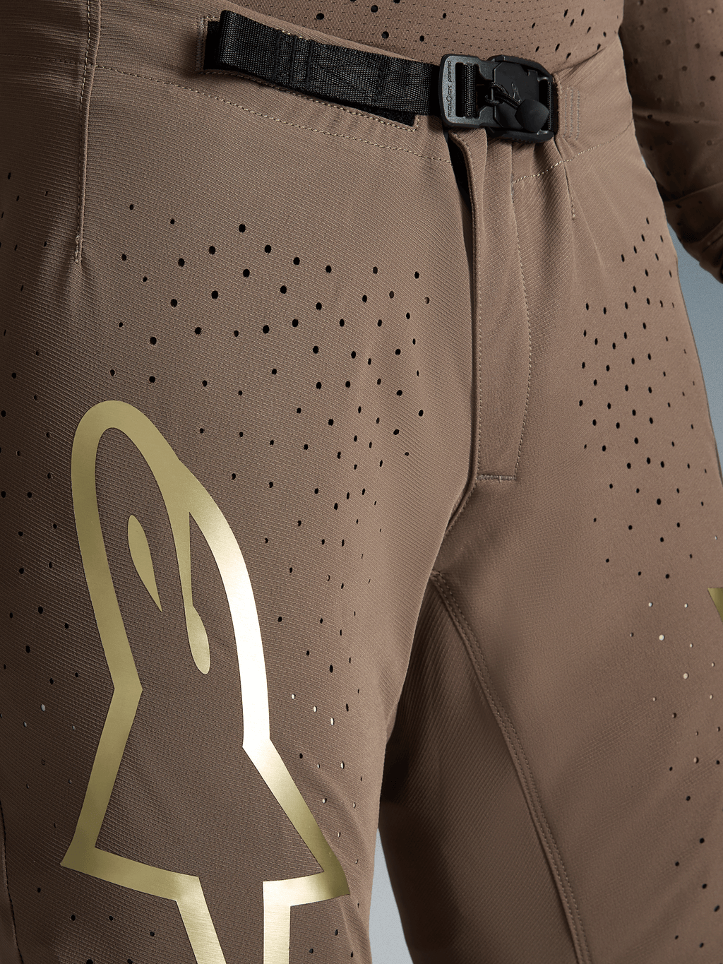 Alpinestars Supertech Air Gold Motocross Pants, Brown and Gold, ventilated stretch fabric with SX1 magnetic buckle.
