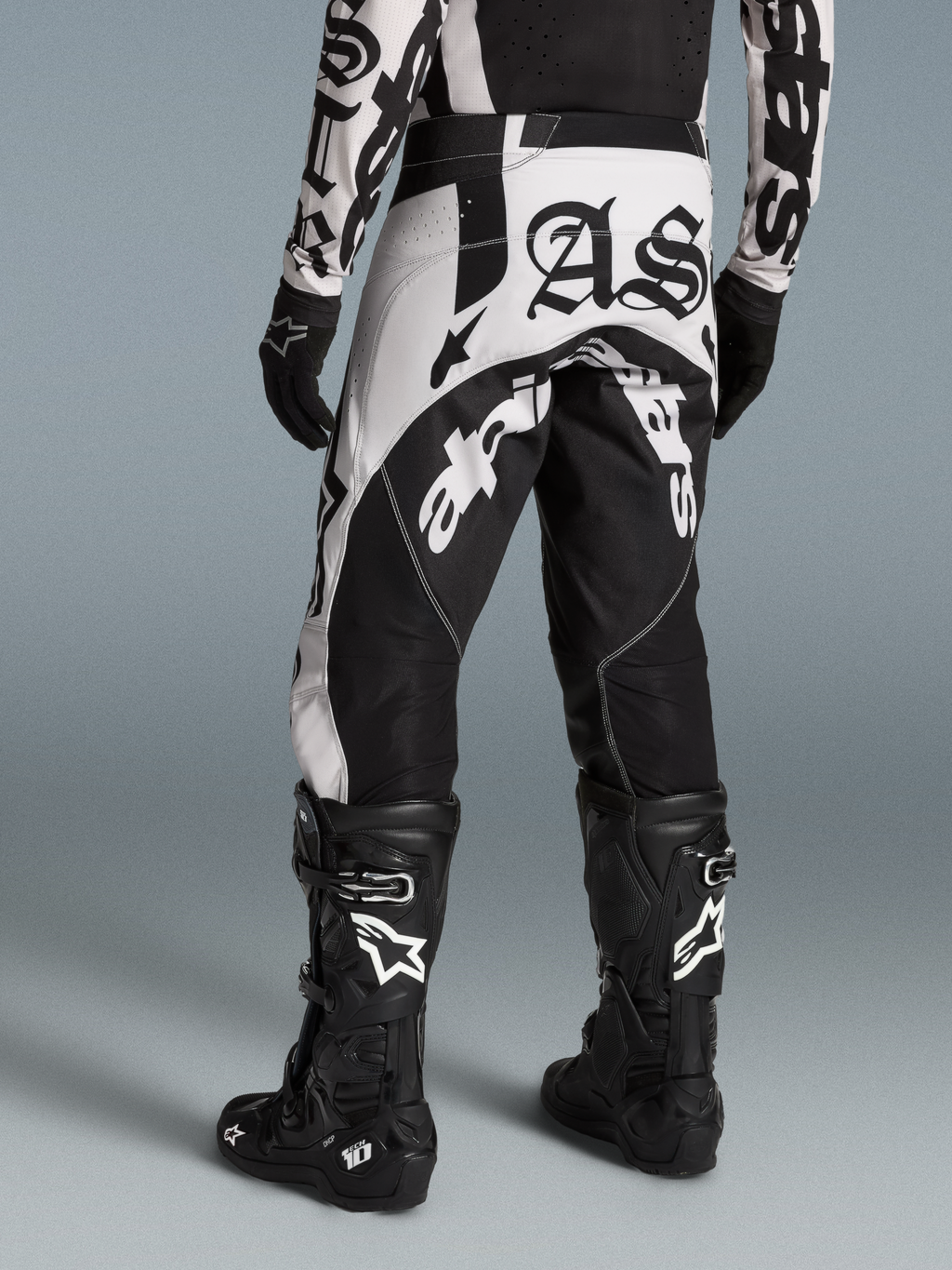 Alpinestars Limited Edition Techstar Wolf Dust Pants, Men's Motocross Racing Pants, Black and White, ergonomic race fit.
