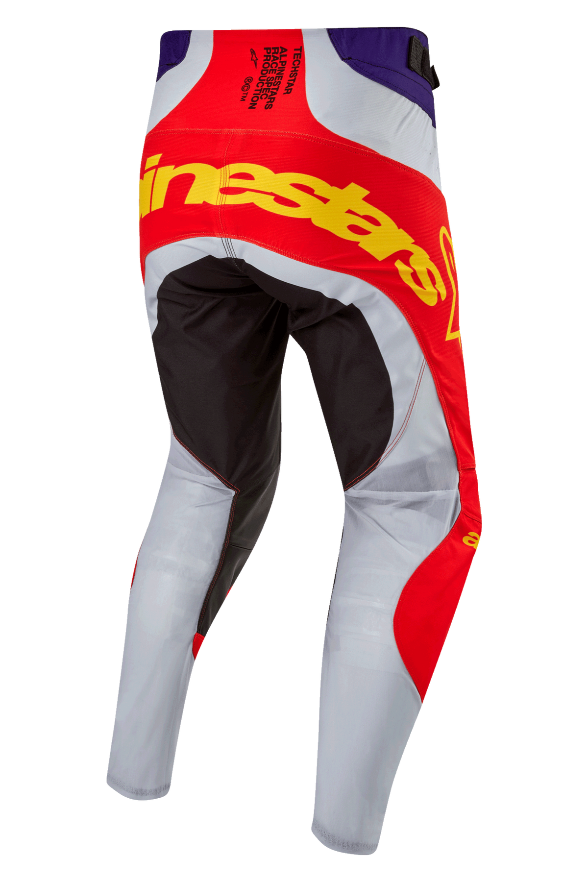 Alpinestars 2024 Techstar Ocuri Pants, Motocross Pants, Hot Orange Purple and Black, rear view featuring bold yellow branding across the seat, black reinforced panels, and light grey ventilated legs