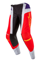 Alpinestars 2024 Techstar Ocuri Pants, Motocross Pants, Hot Orange Purple Black, featuring red and white panels, purple hip accents, yellow star logo on the thigh, black reinforced knees, athletic design for off-road racing