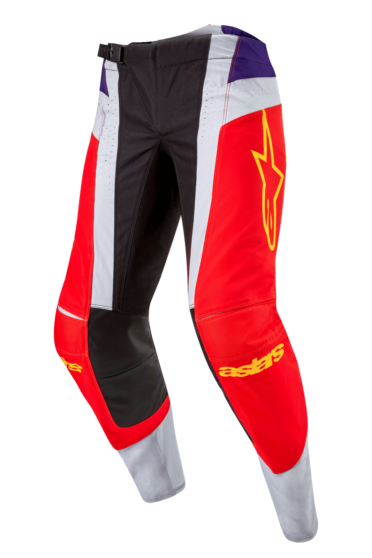 Alpinestars 2024 Techstar Ocuri Pants, Motocross Pants, Hot Orange Purple Black, featuring red and white panels, purple hip accents, yellow star logo on the thigh, black reinforced knees, athletic design for off-road racing