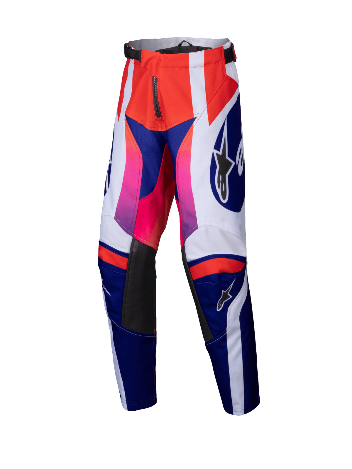 Alpinestars 2025 Youth Racer Wurx Pants, Motocross Pants, Red Blue Pink and White, bold geometric pattern with pink-to-red gradients, black leather inner knee panels, adjustable waist, durable textile construction for youth off-road racing