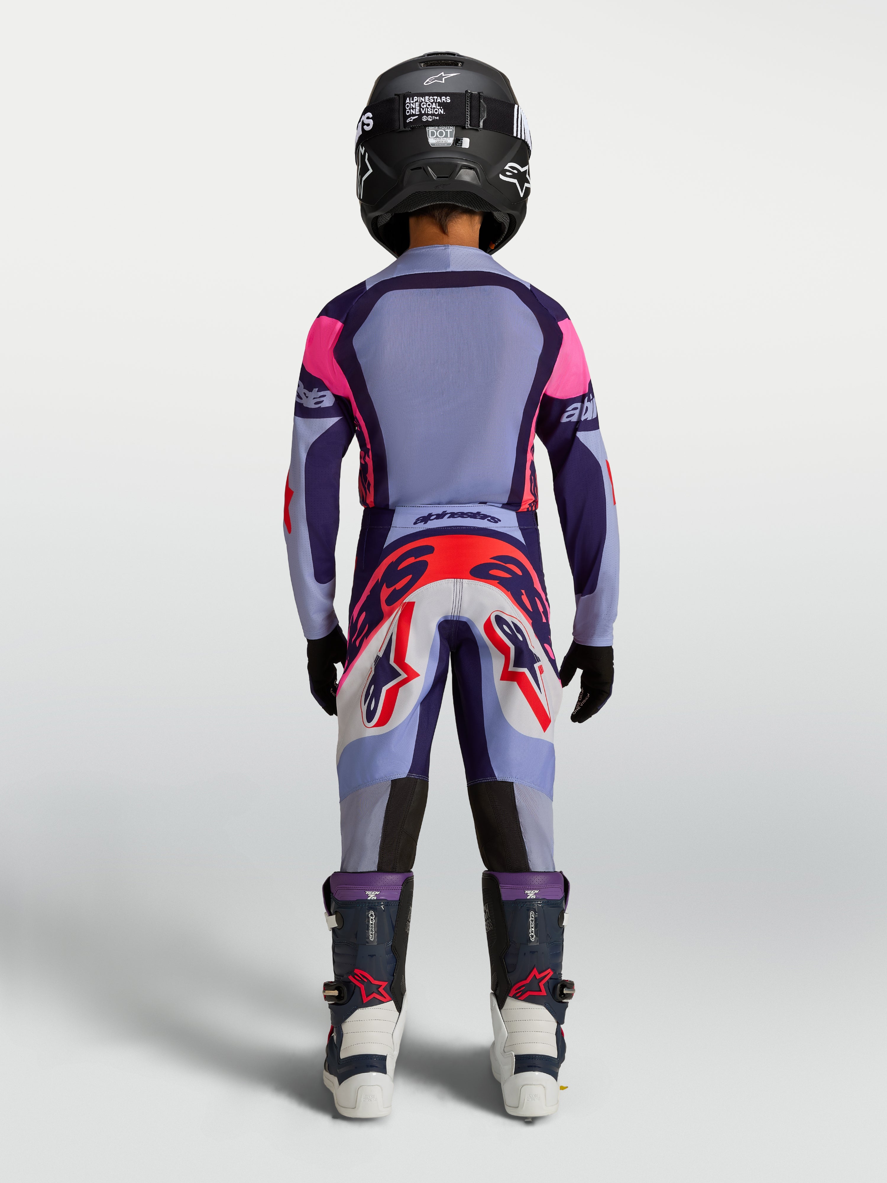 Alpinestars Youth Supertech Dyna Pants, Motocross Racing, Youth, Light Violet and Purple, back view on rider.