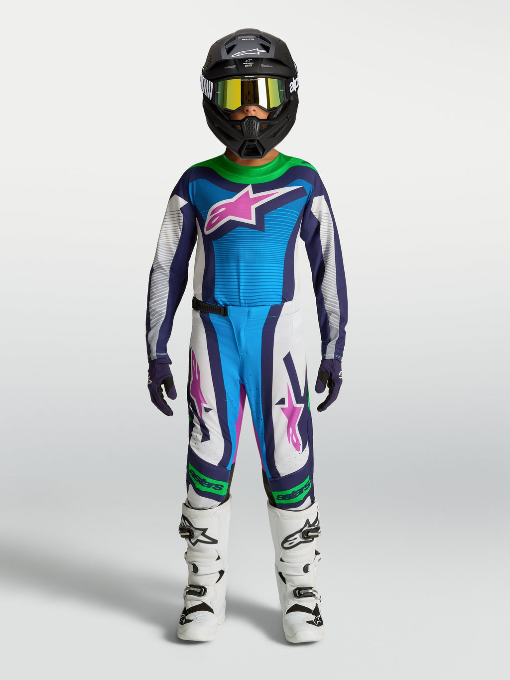 Alpinestars Youth Supertech Maven Pants and Jersey, Motocross Racing Gear, Blue and White with Green Fluo, Athletic Fit.