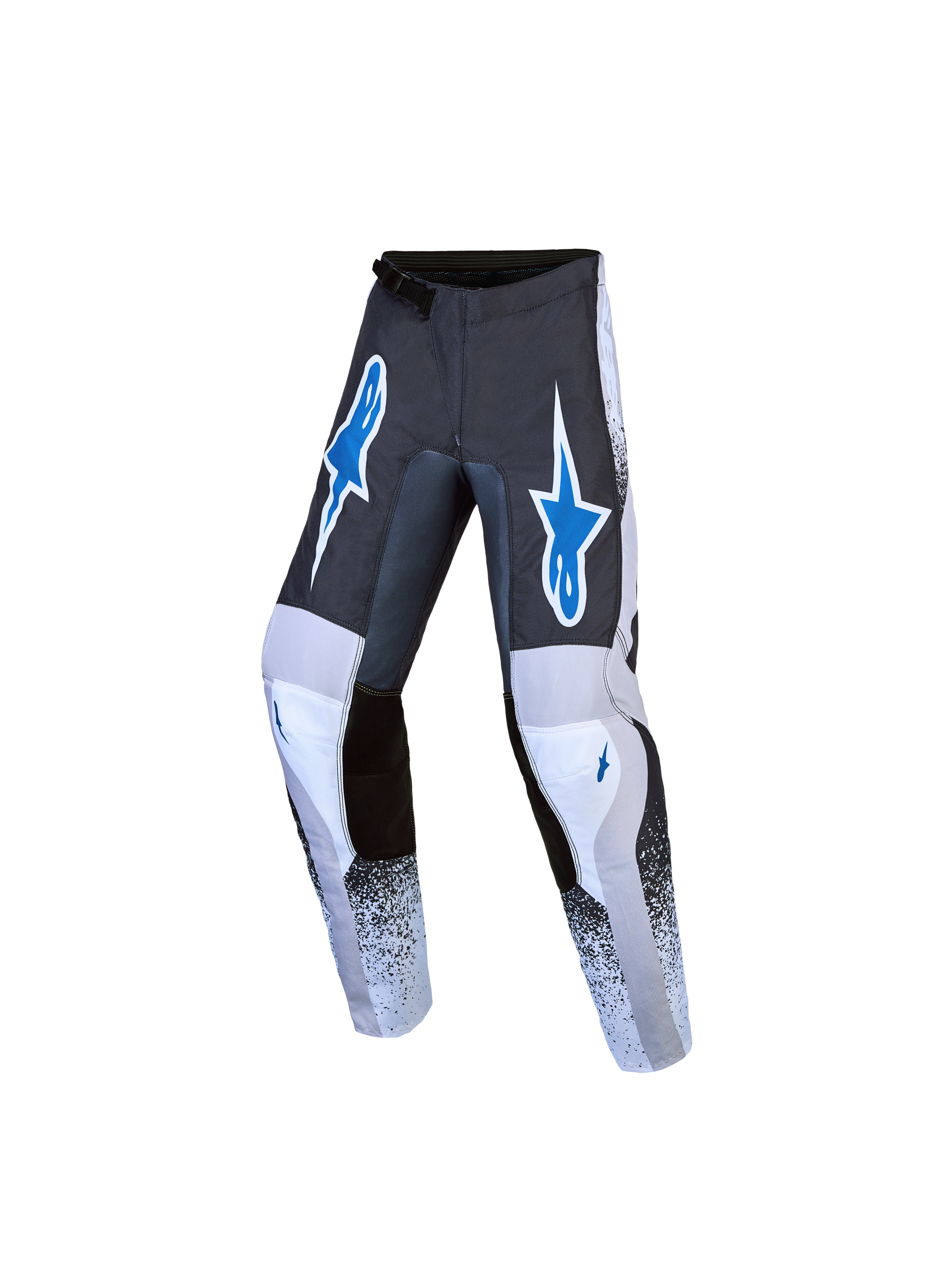 2027 Alpinestars Youth Fluid Drag Pants for motocross in Graystone and Blue with a durable pre-curved textile design.