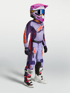 Alpinestars Youth Fluid Hunt Pants, purple and violet motocross gear set for young riders with helmet and boots.